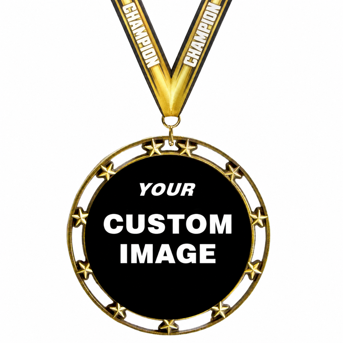 2.5" Star Medals with gold Champion ribbon