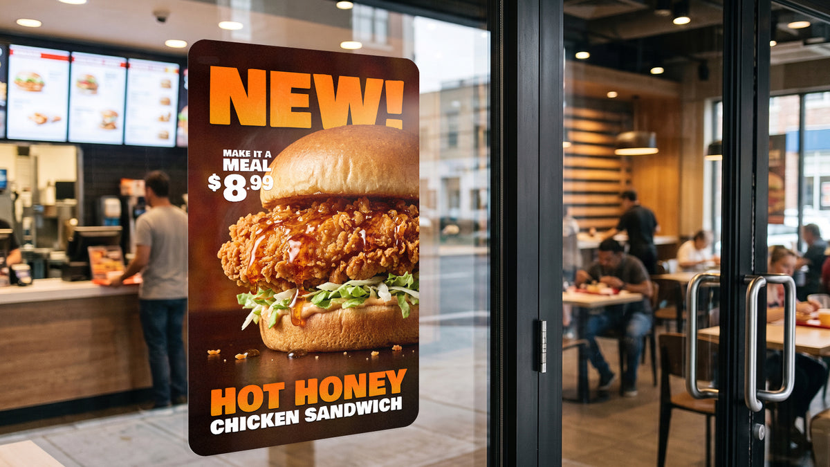 Static window cling displaying a custom restaurant promotion on glass