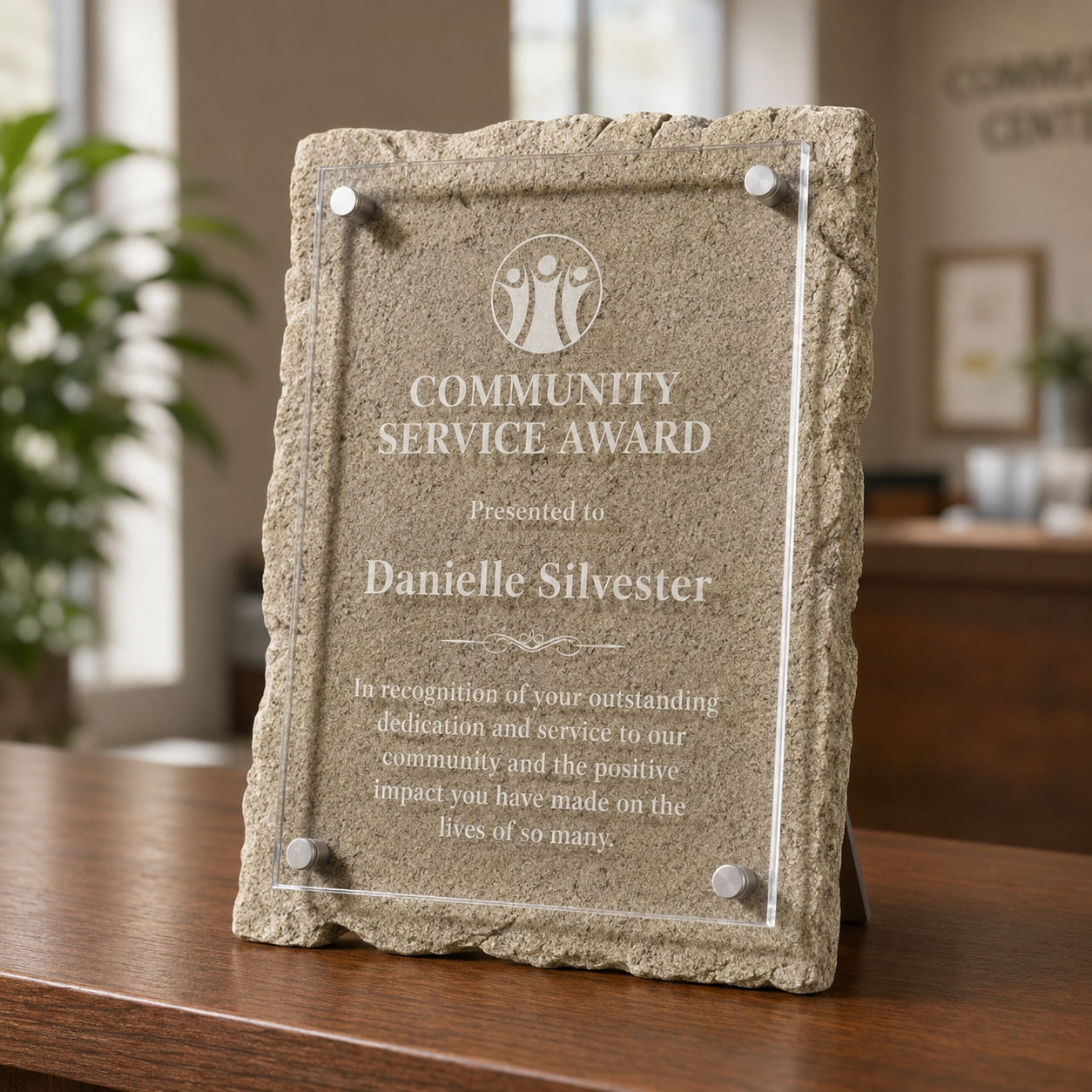 Stone-Look Plaque with Floating Acrylic Panel