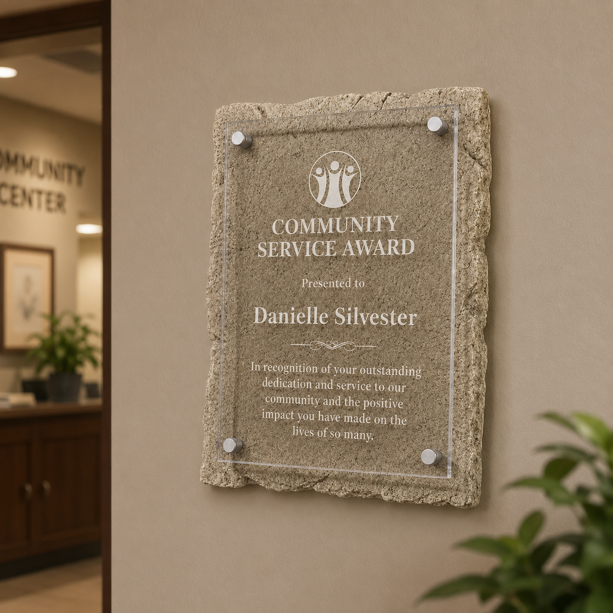 Stone-Look Plaque with Floating Acrylic Panel
