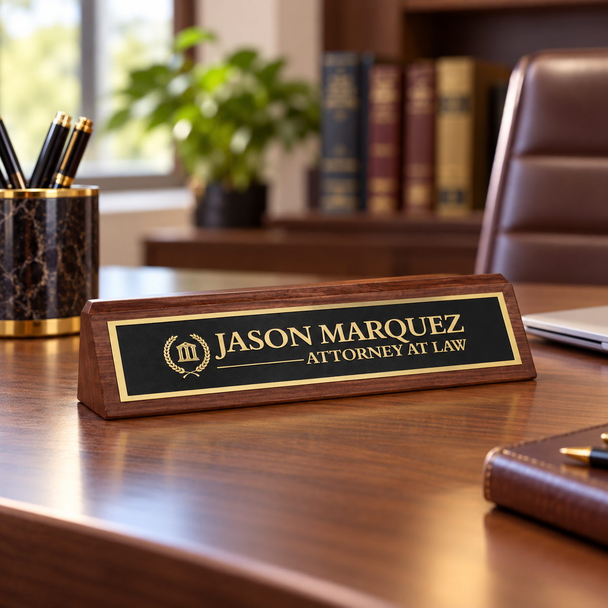 Walnut desk wedge with engraved black and gold plate on an office desk