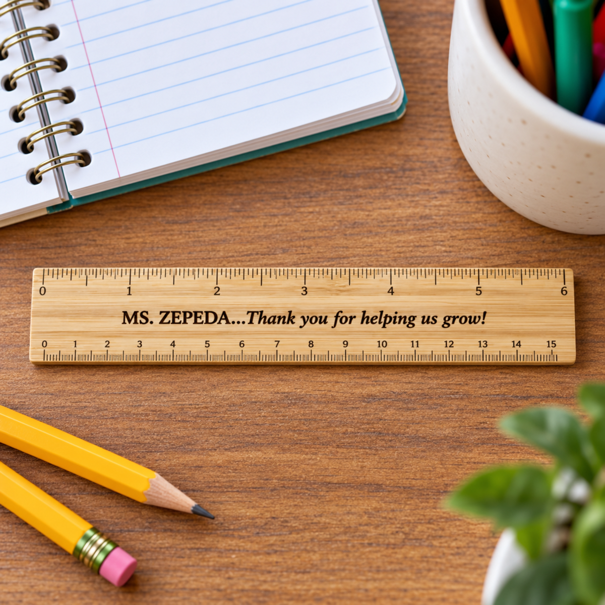 Personalized six-inch bamboo ruler on a teacher's desk