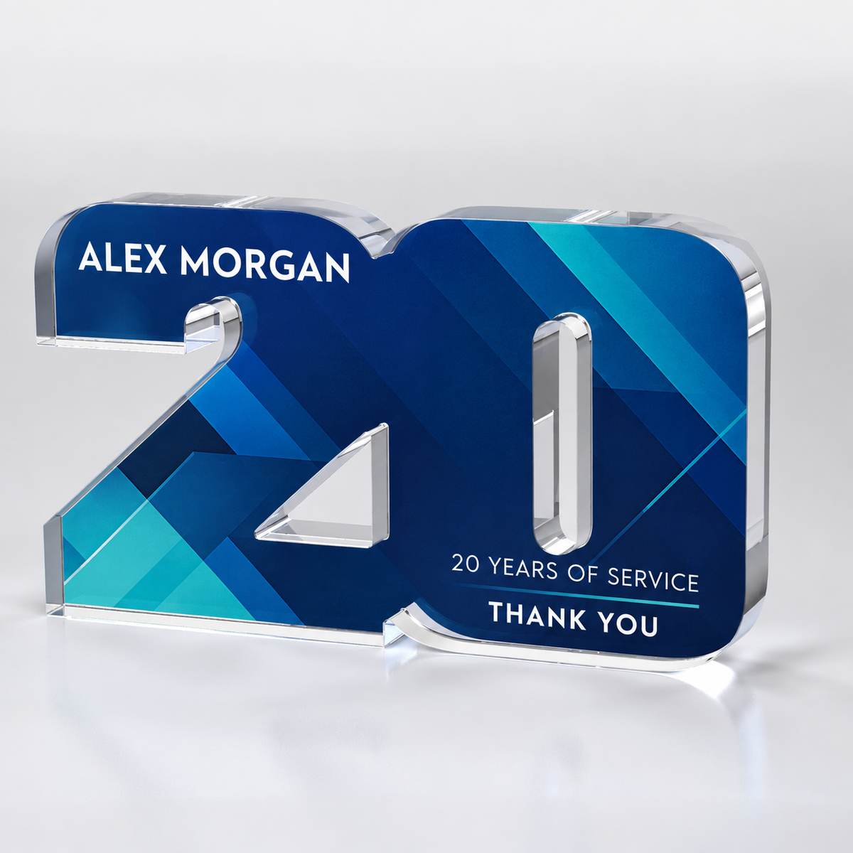 Custom full-color acrylic 20 year award — personalization example