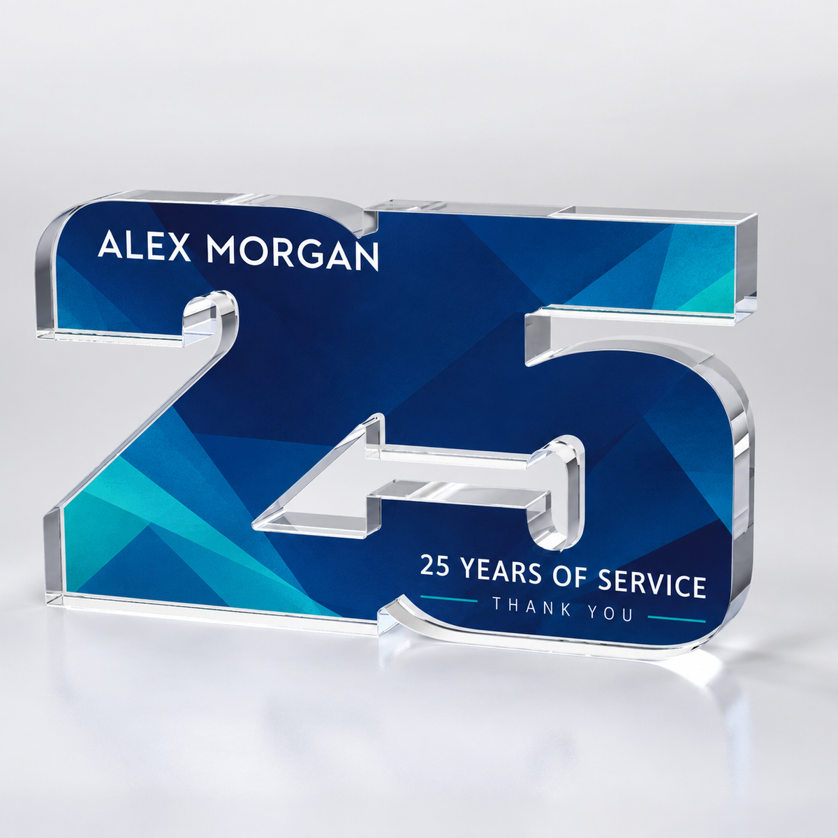 Custom full-color acrylic 25 year award — personalization example