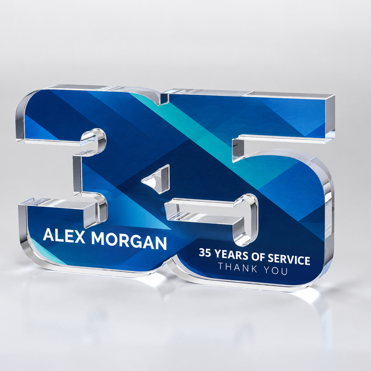 Custom full-color acrylic 35 year award — personalization example