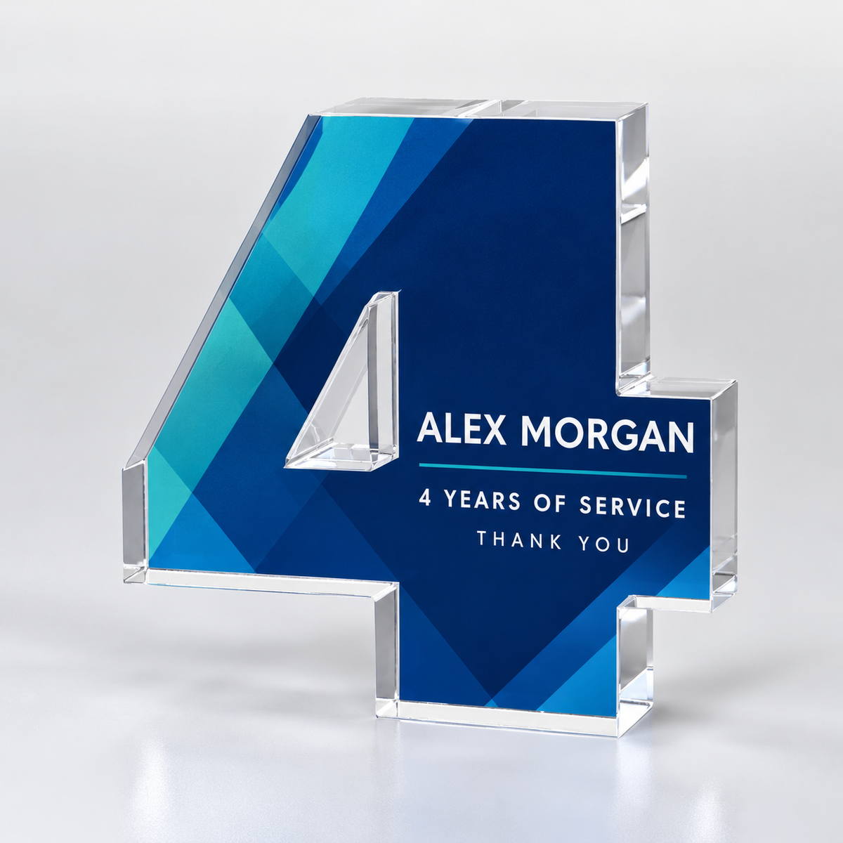Custom full-color acrylic 4 year milestone award — personalization example