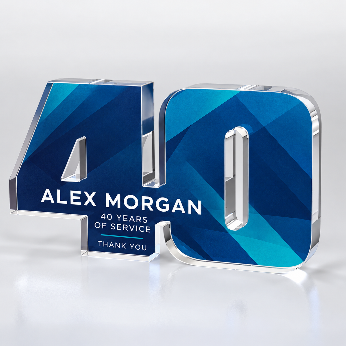 Custom full-color acrylic 40 year award — personalization example