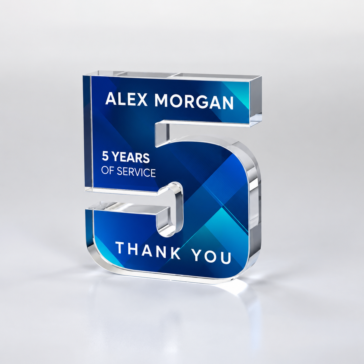 Custom full-color acrylic 5 year award — personalization example