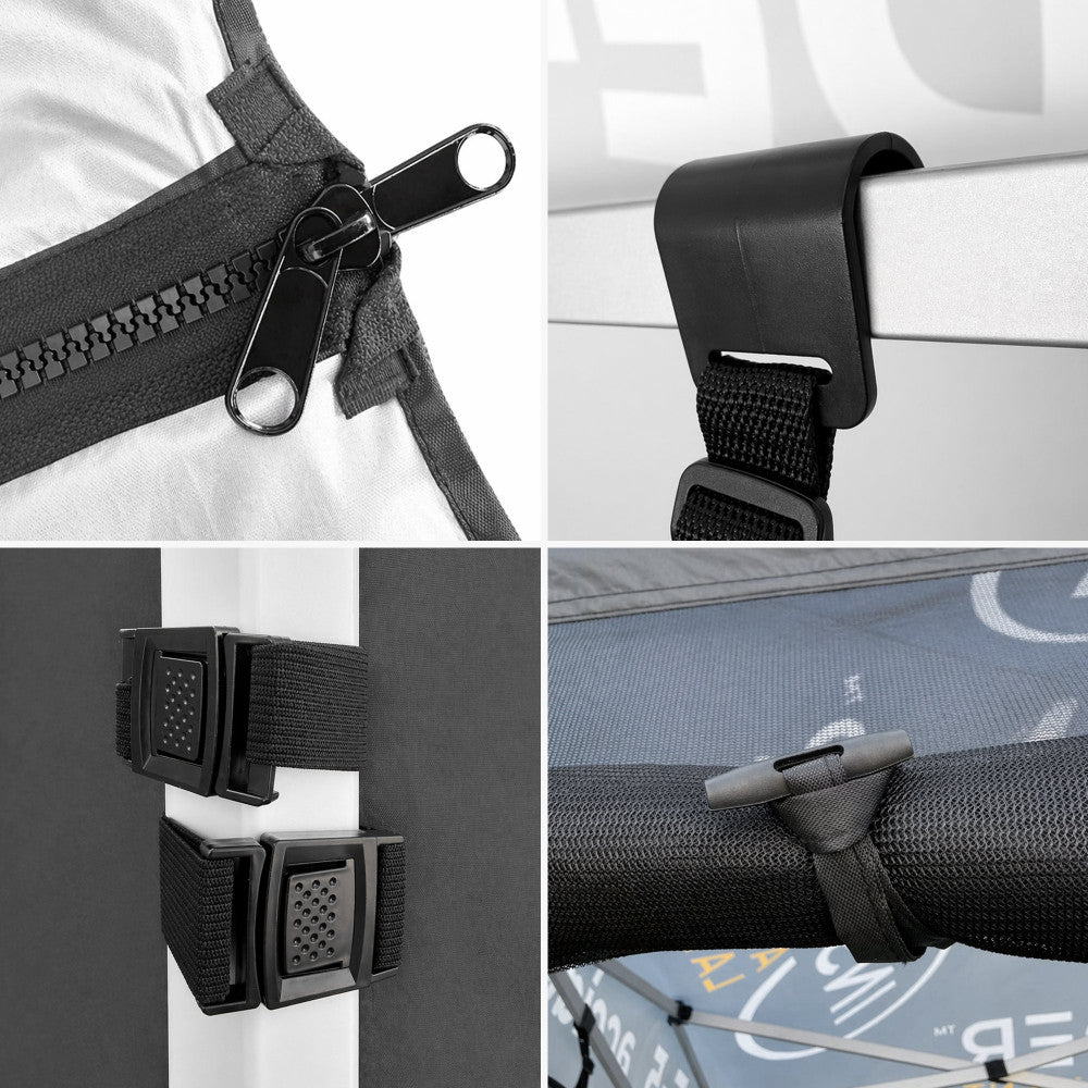 Mesh tent enclosure details showing zipper, mesh, hooks and attachment straps; tent frame and canopy not included