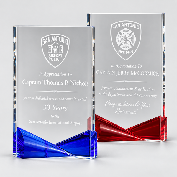 Clear Crystal Award with Blue and Red Bow-Tie Accents