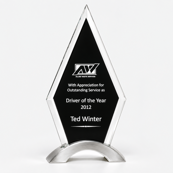 Beveled Clear Glass Award with Black Center and Silver Base