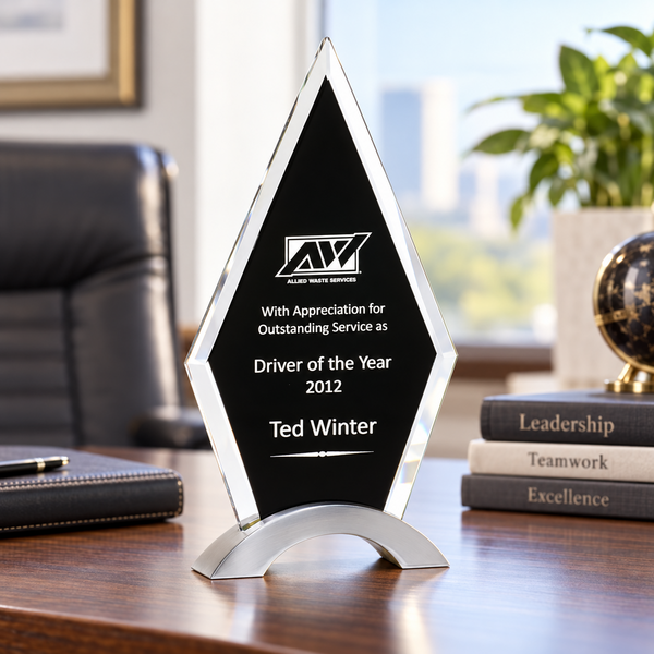 Beveled Clear Glass Award with Black Center and Silver Base