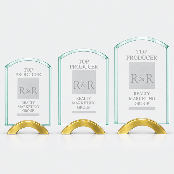 Arch Series Glass Award with Gold Metal Base — available size and color options, catalog view