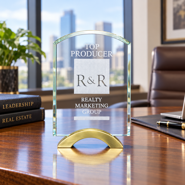 Arch Series Glass Award with Gold Metal Base — lifestyle setting