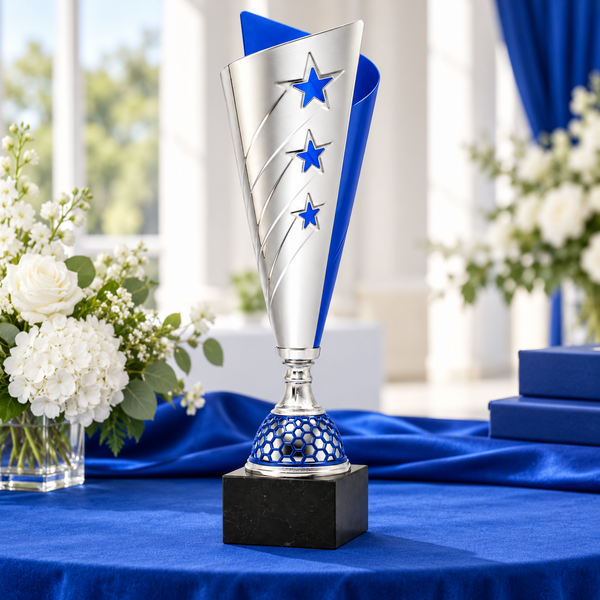 Silver And Blue Finish Metal Cup On Genuine Black Marble Base