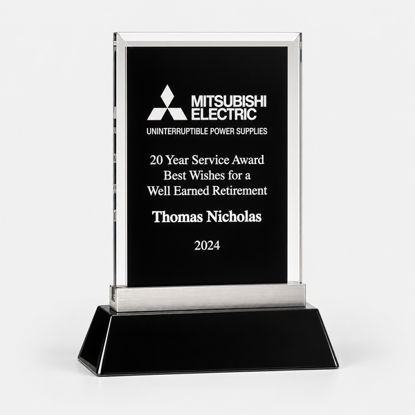 Rectangular Clear Glass Award with Black Background and Base