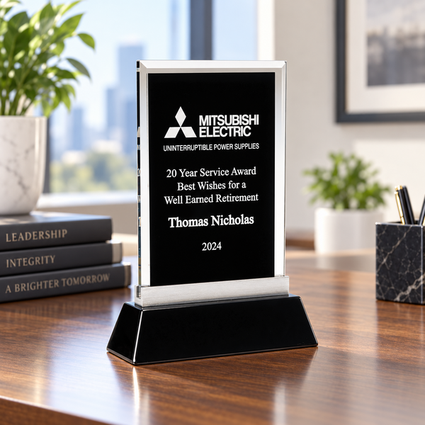 Rectangular Clear Glass Award with Black Background and Base