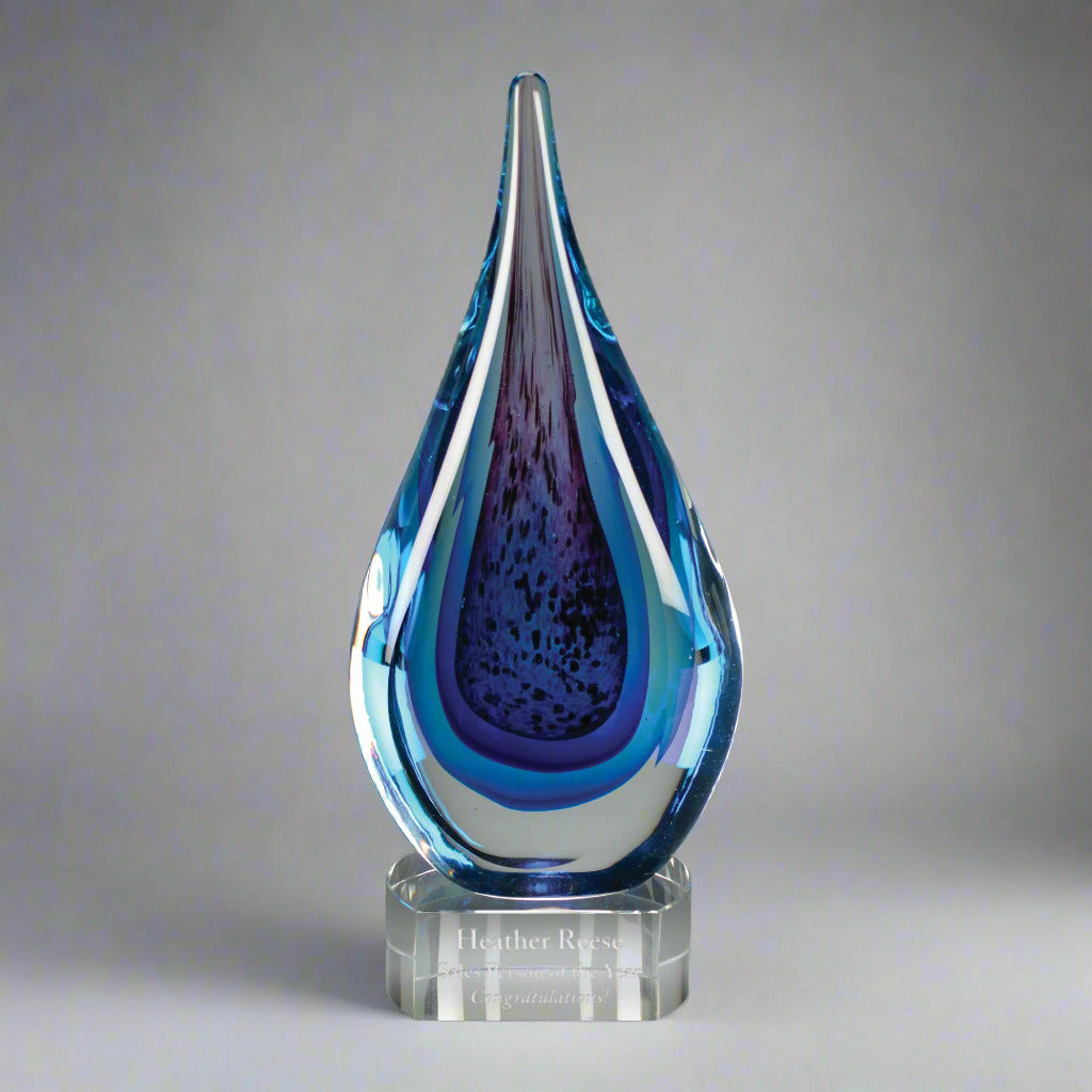 Corporate Blue Water Glass Art Sculpture
