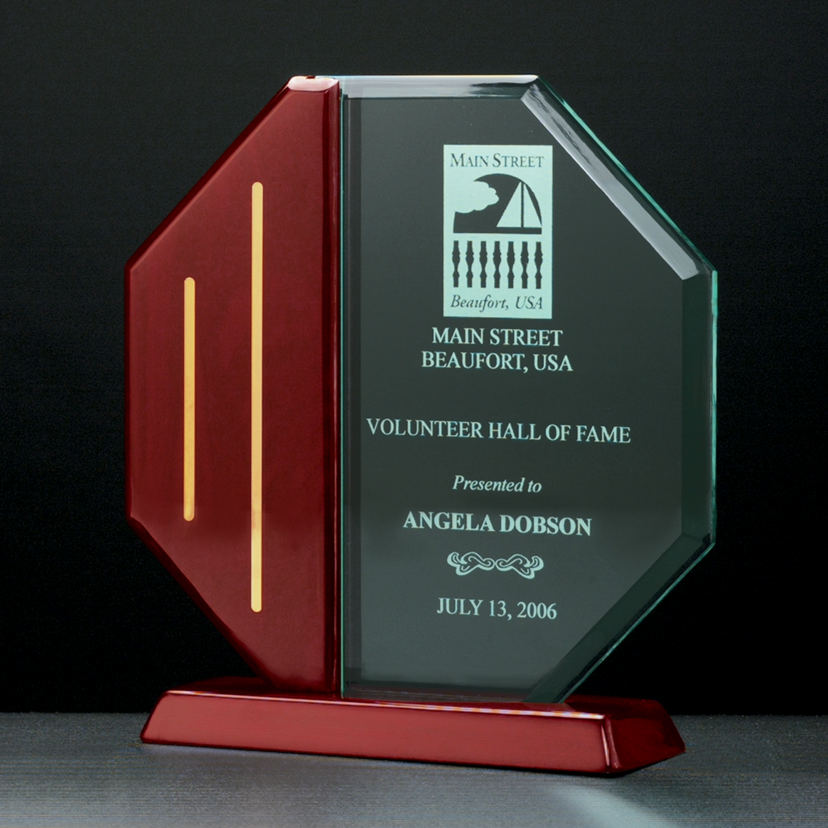 Octagon Acrylic Award on a Piano Finish Base.