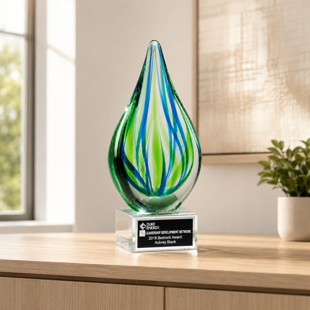 Blue and Green Droplet Art Glass Award with Clear Base