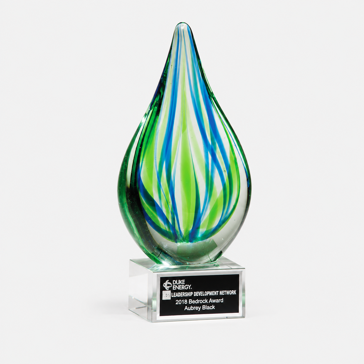 Blue and Green Droplet Art Glass Award with Clear Base