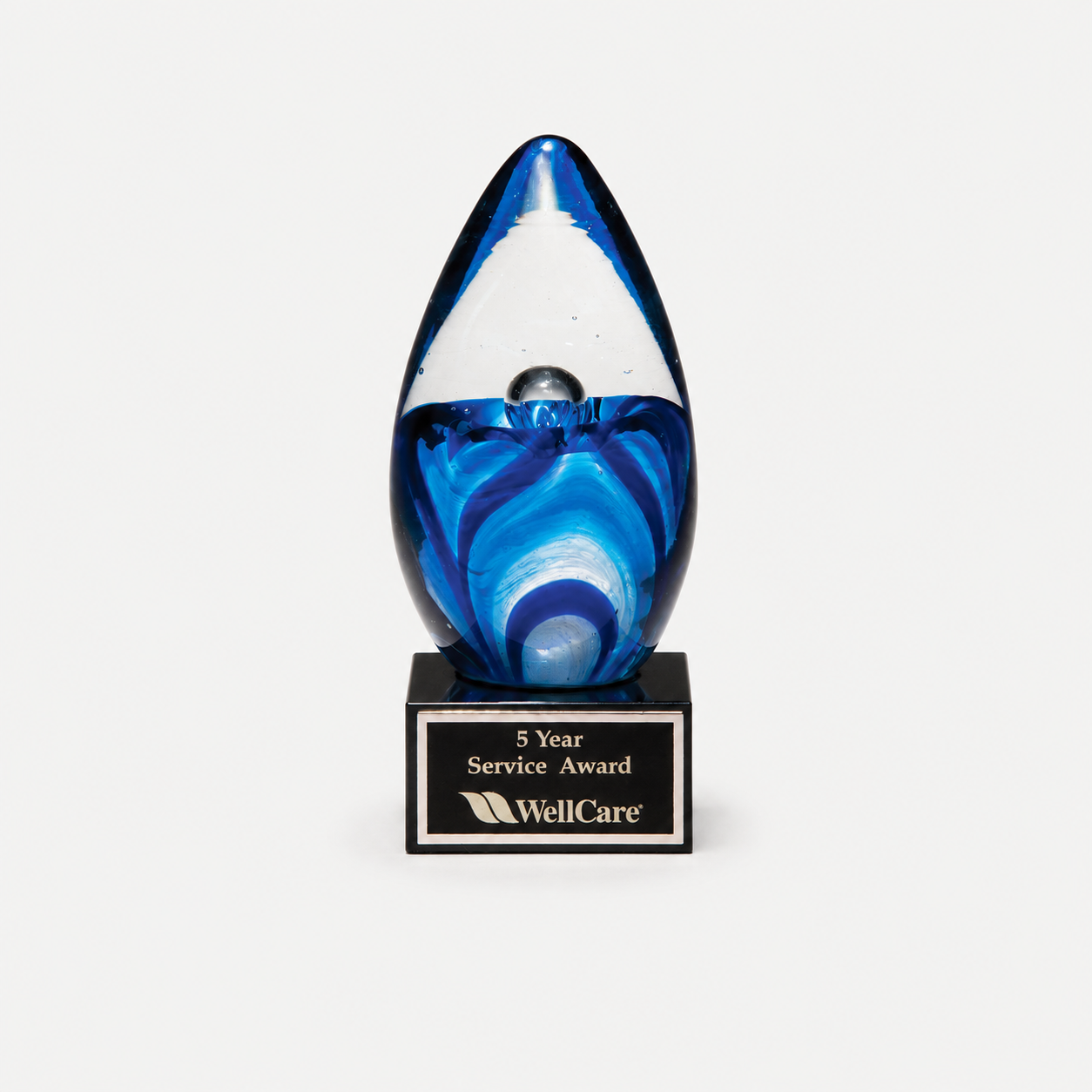 Blue and White Egg Art Glass Award with Black Glass Base