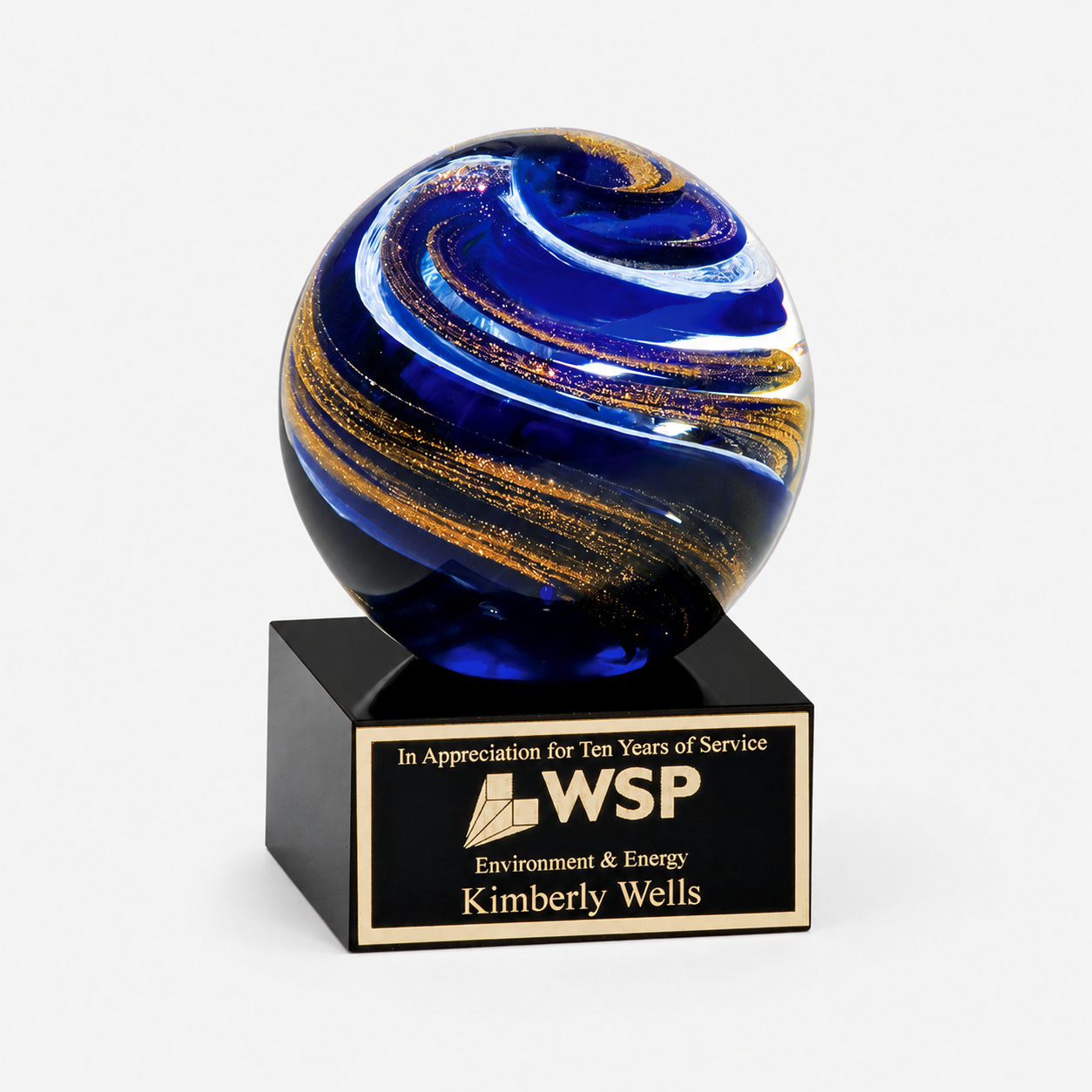 Blue, White, and Gold Globe Art Glass Award