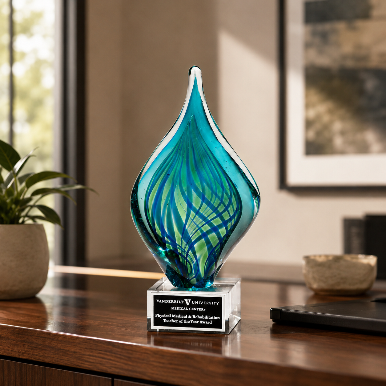 Blue and Green Twist Art Glass Award
