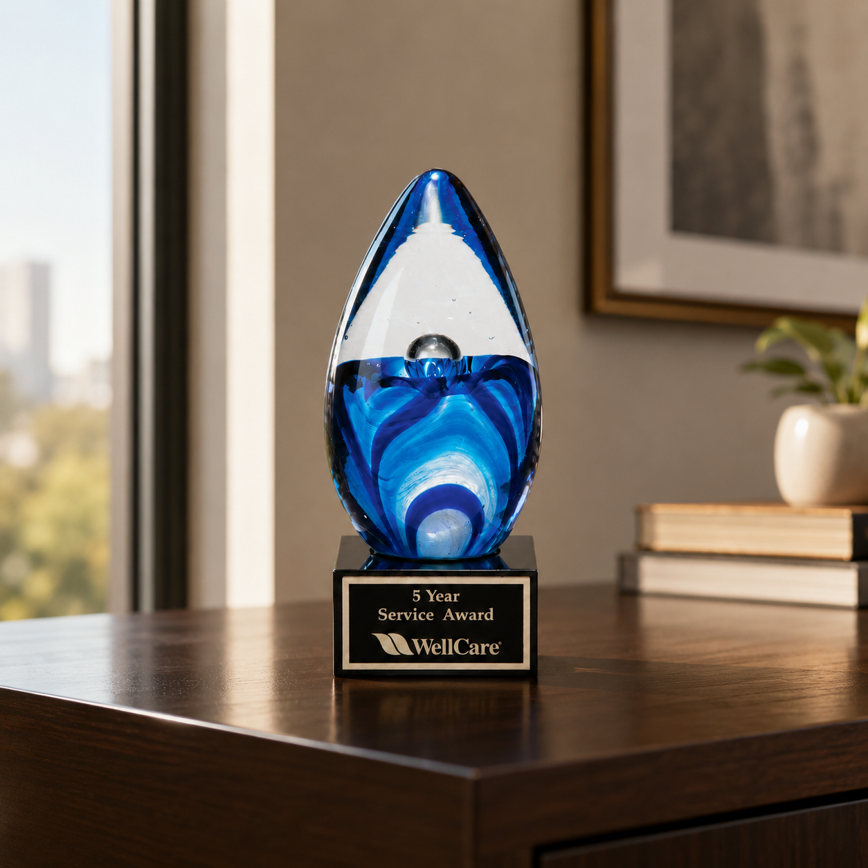 Blue and White Egg Art Glass Award with Black Glass Base