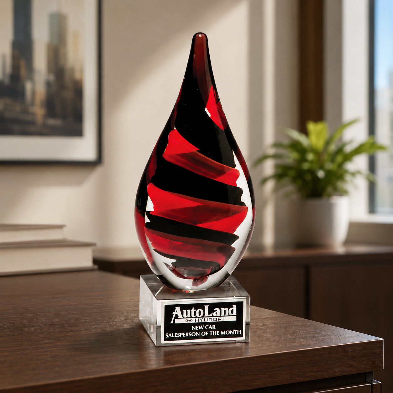 Red and Black Helix Teardrop Art Glass Award