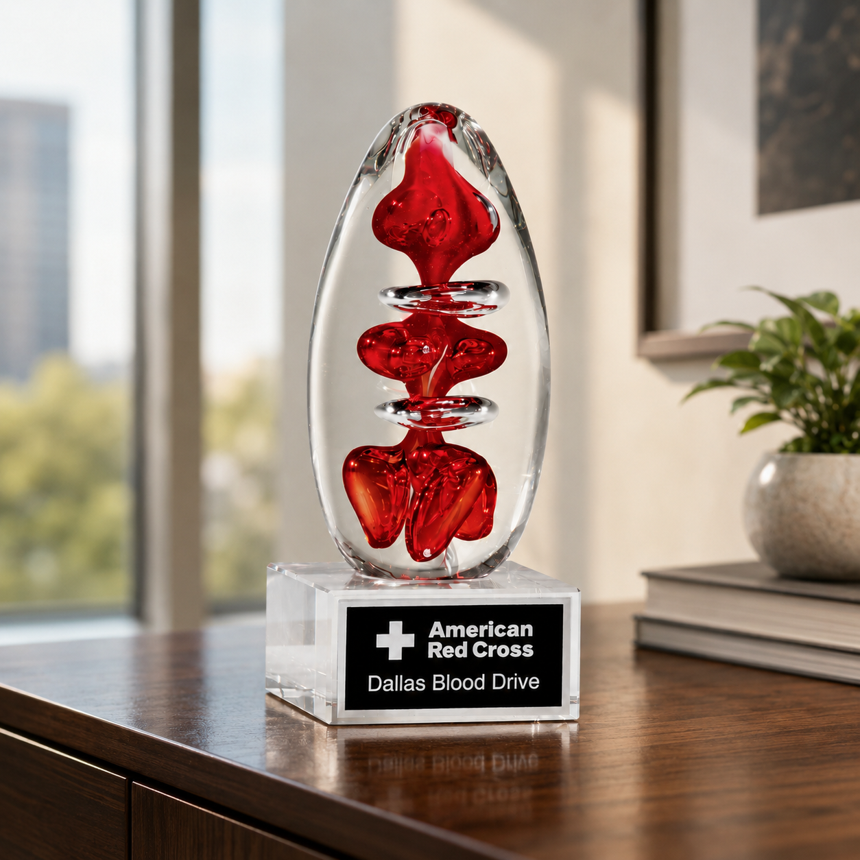 Red Egg Art Glass Award with Clear Base