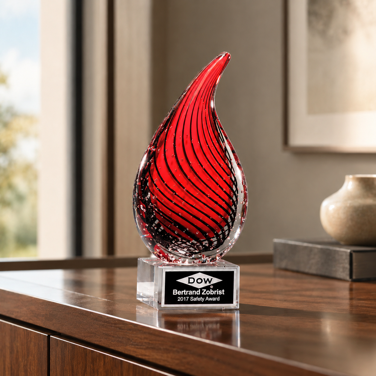 Red Flame Art Glass Award with Clear Base