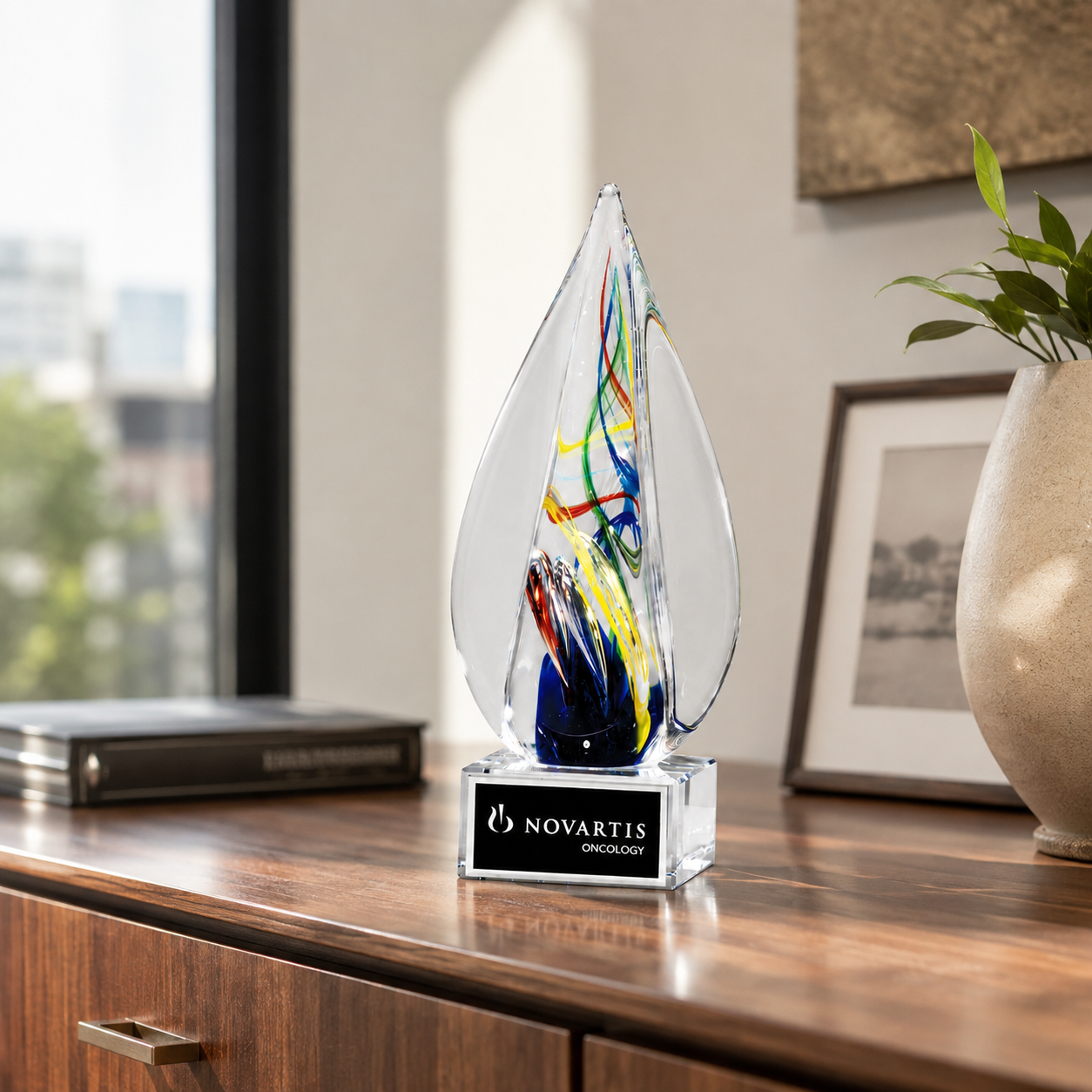 Flame-Shaped Art Glass Award with Clear Base