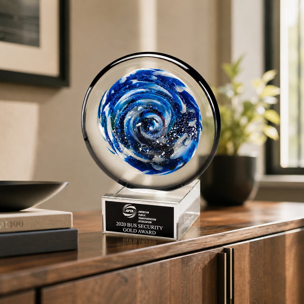 Blue and White Disc Art Glass Award