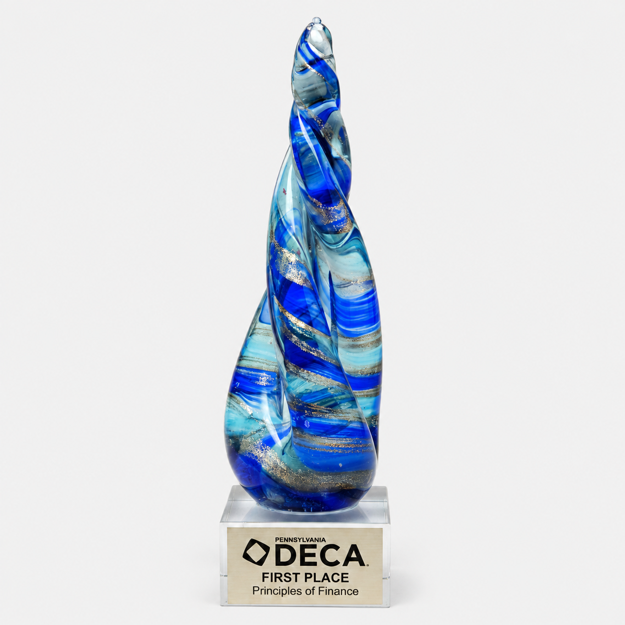 Teal and Blue Twist Art Glass Award with Gold Accents