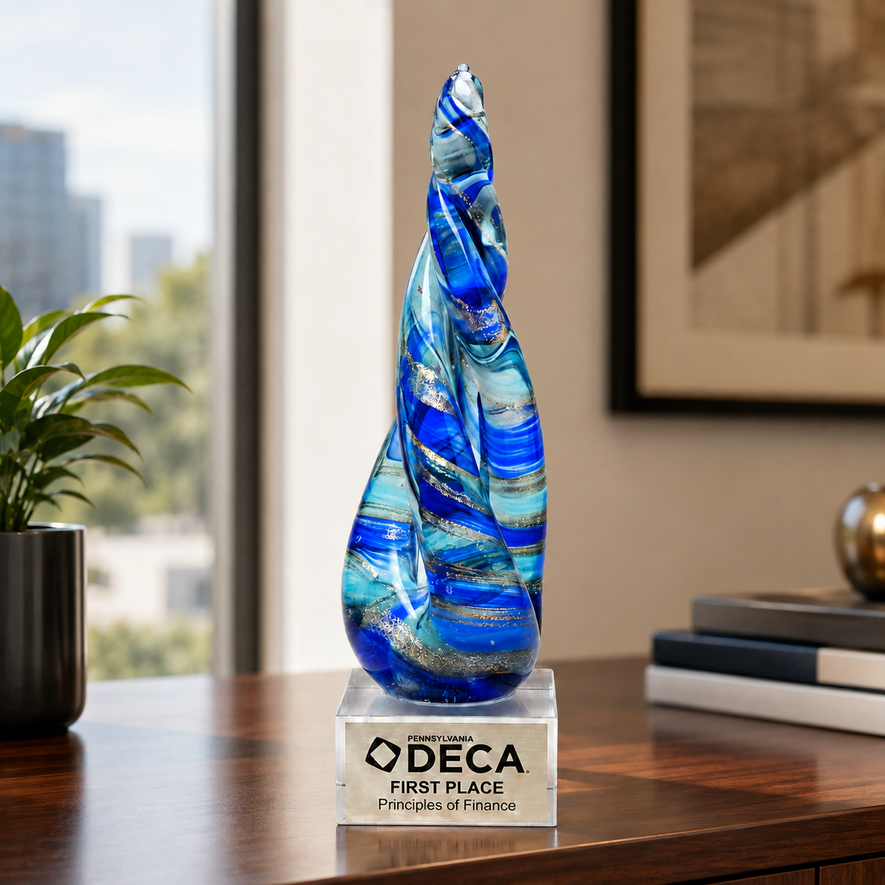 Teal and Blue Twist Art Glass Award with Gold Accents