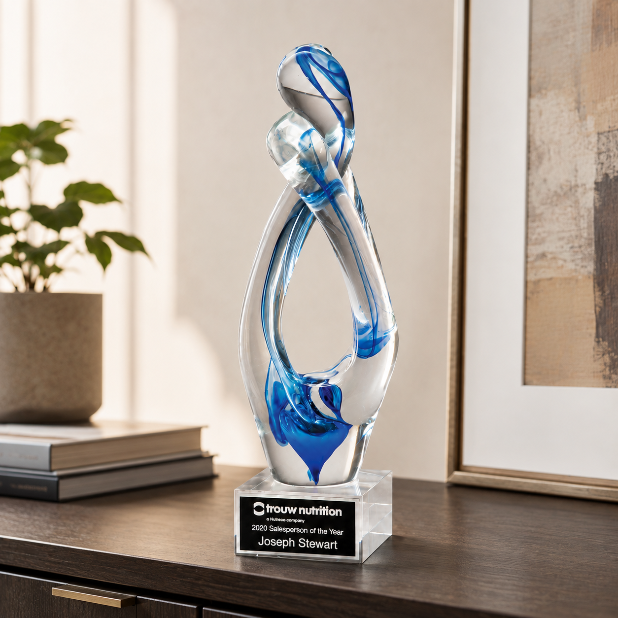 Contemporary Art Glass Sculpture with Blue Accent