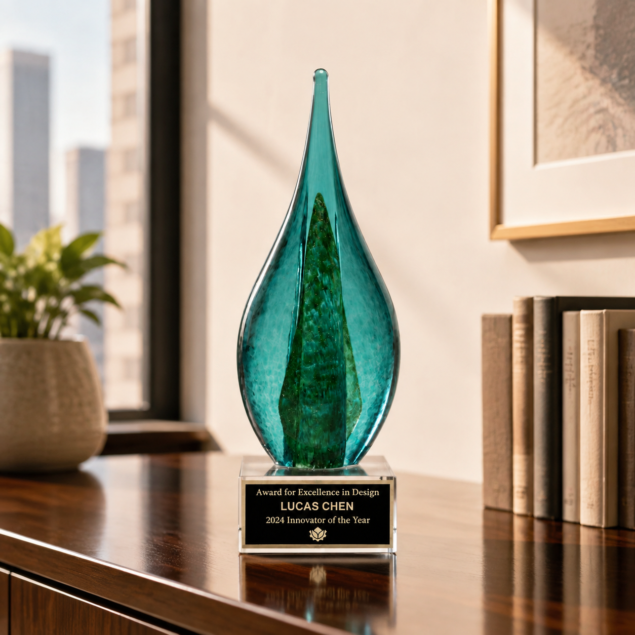 Teal and Green Flame Art Glass Award