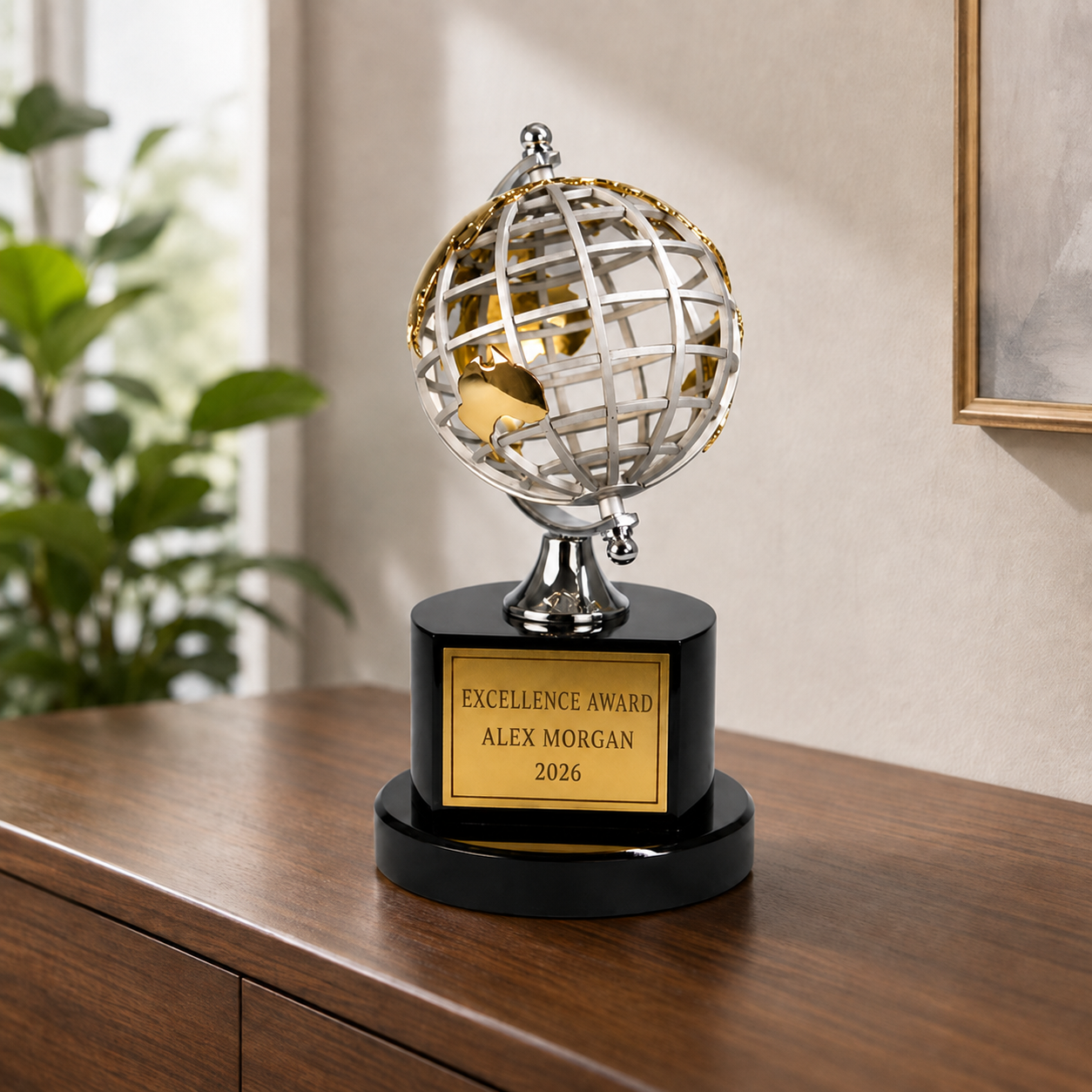 Silver and Gold Globe Award on Black Base