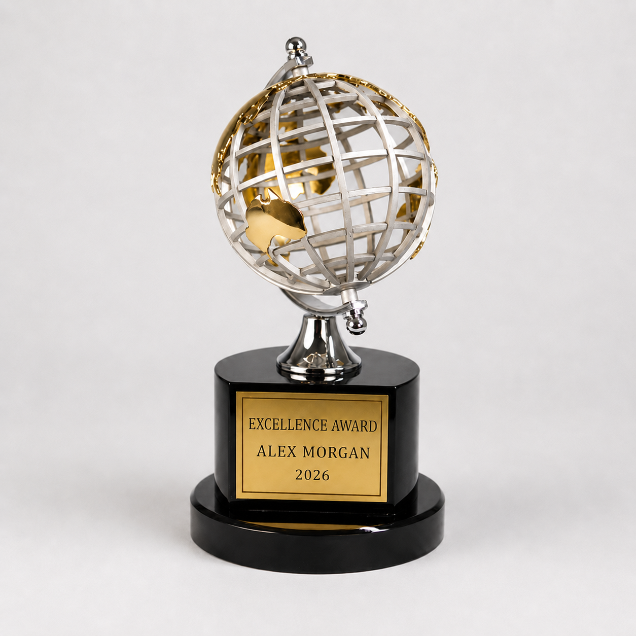 Silver and Gold Globe Award on Black Base