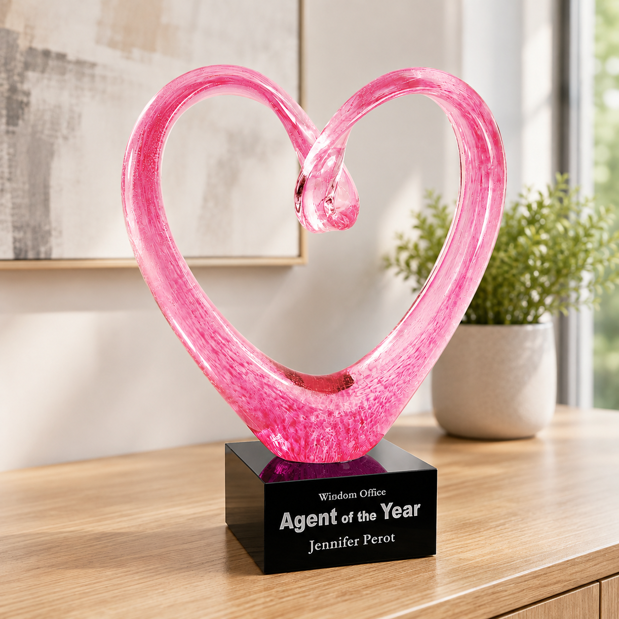 Pink Glass Heart Award with Black Base