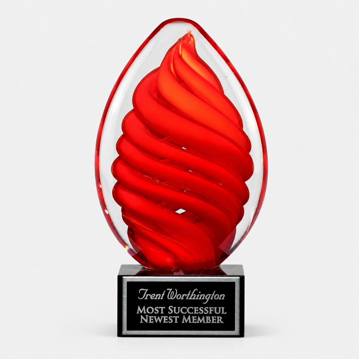Red Swirl Egg Art Glass Award with Black Base