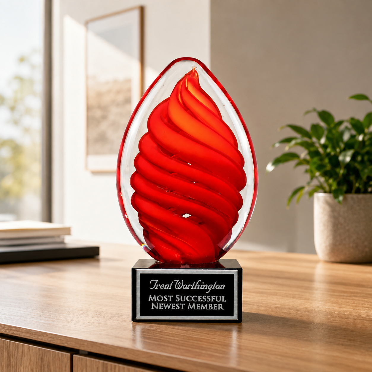 Red Swirl Egg Art Glass Award with Black Base