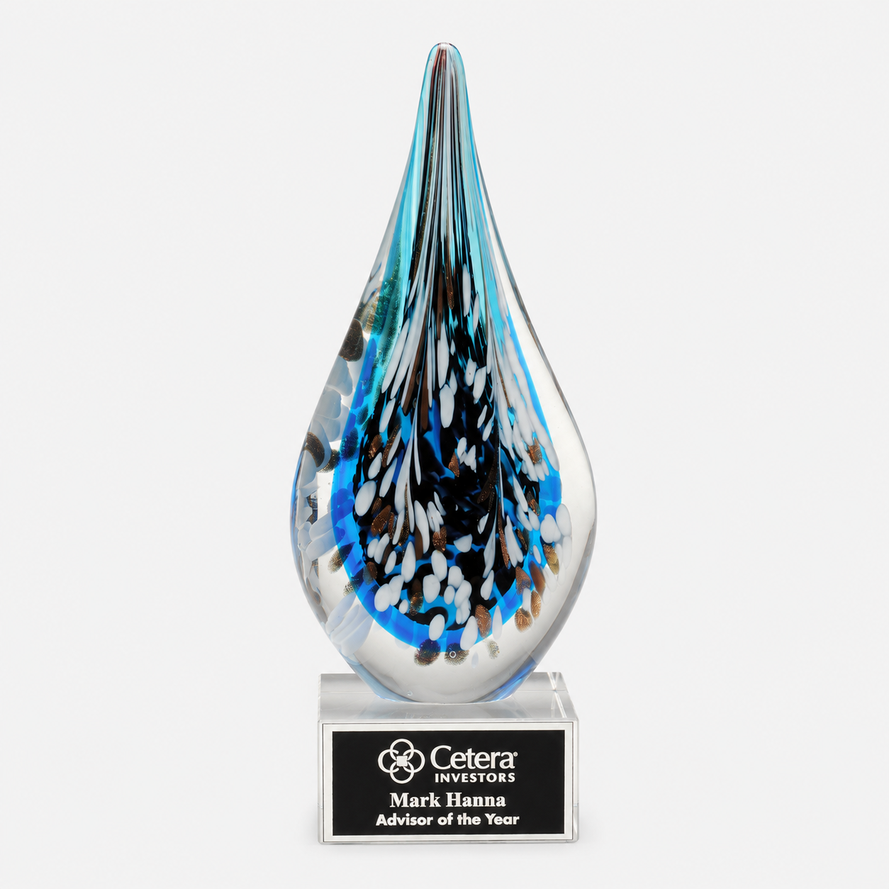 Blue, Bronze, and White Droplet Art Glass Award