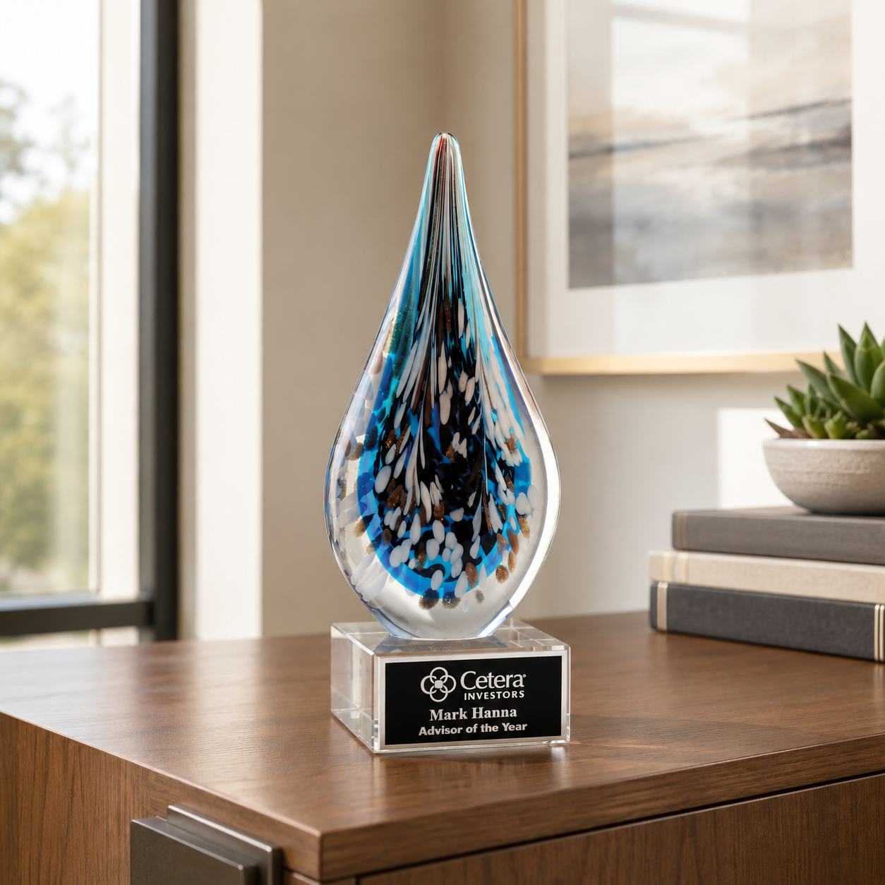 Blue, Bronze, and White Droplet Art Glass Award