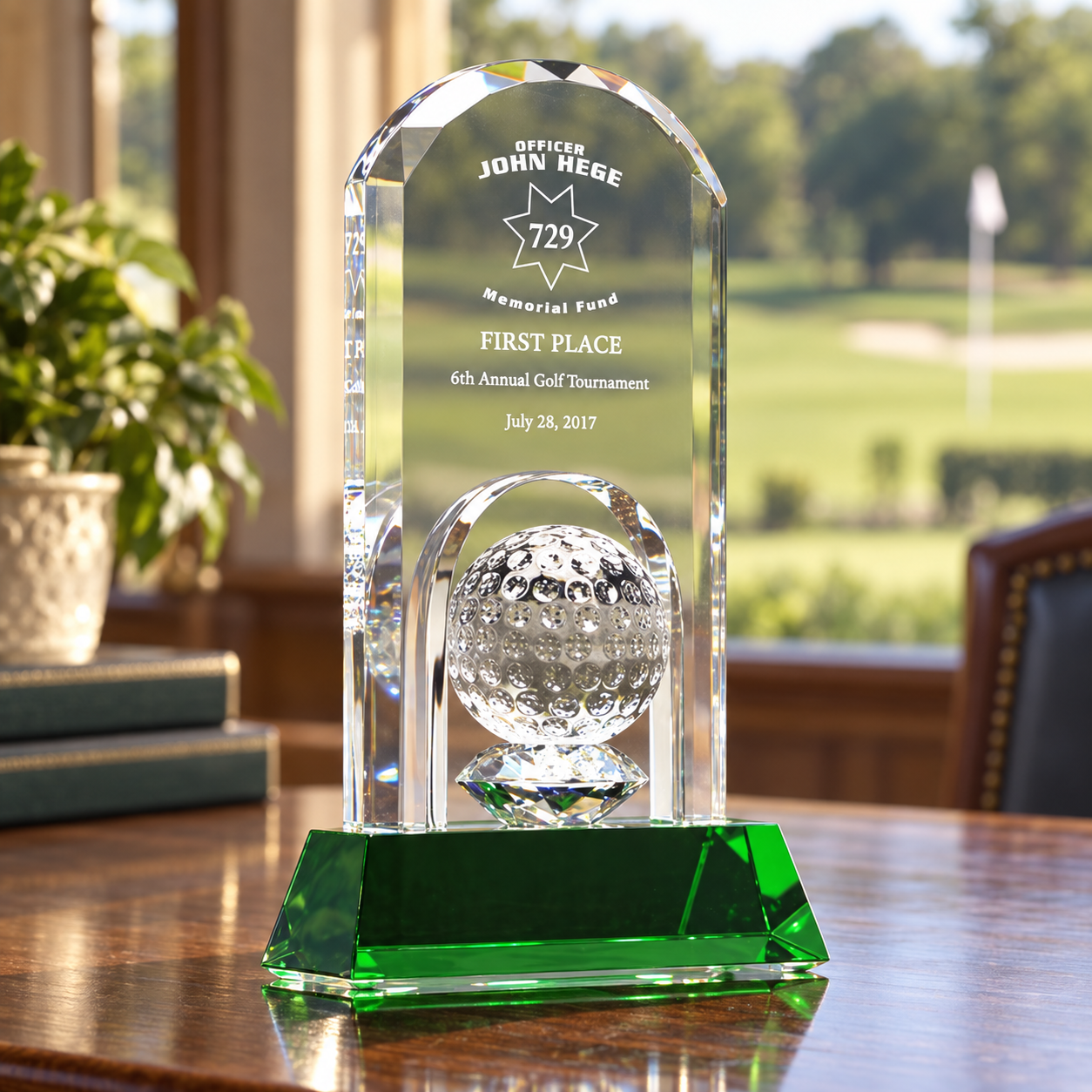 Crystal Dome Golf Trophy with Emerald Green Base