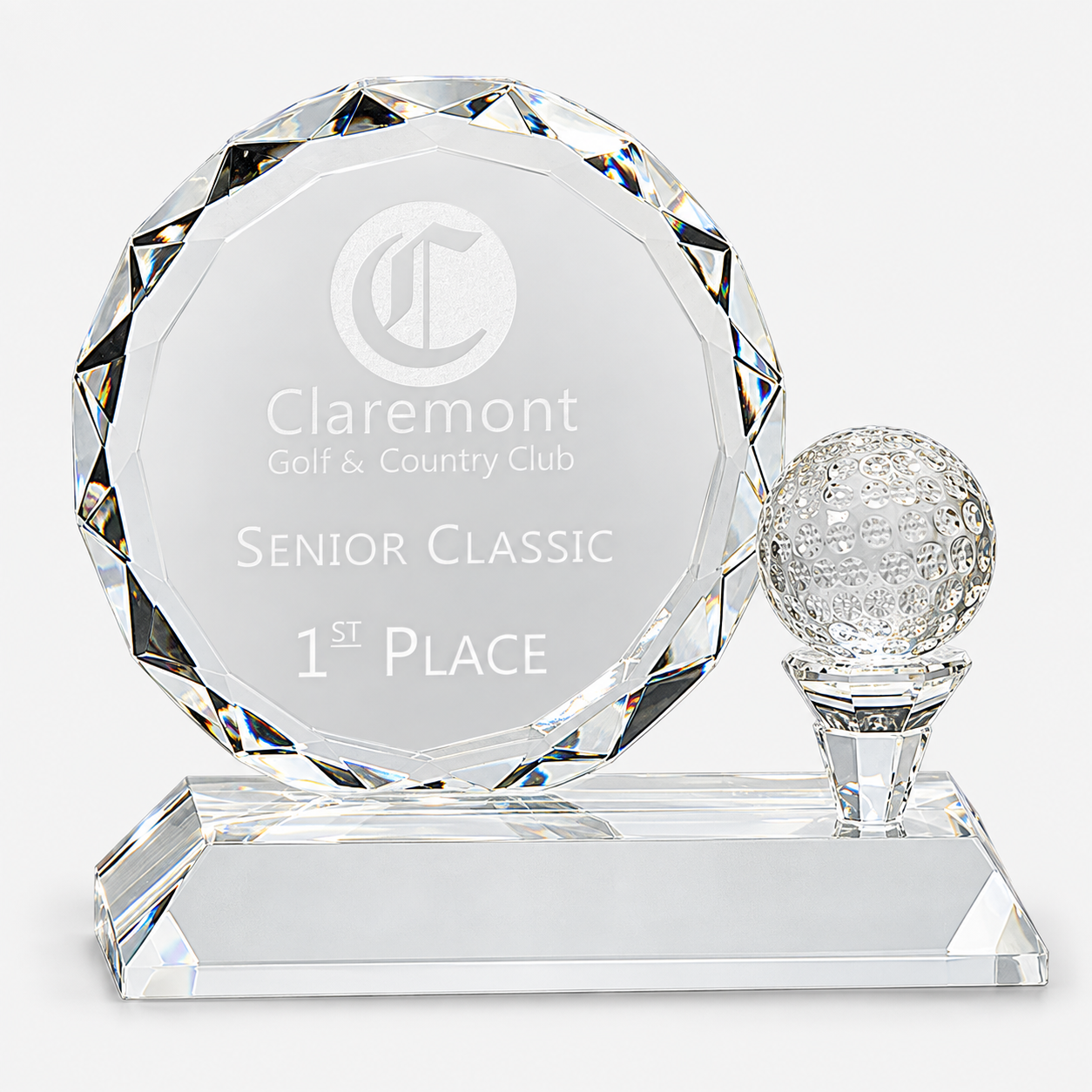 Round Facet Crystal with Golf Ball Award on Clear Pedestal Base