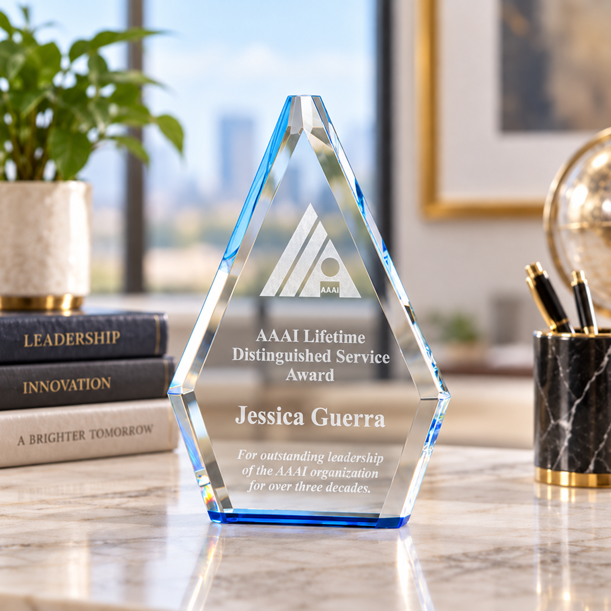 Flame Series Clear Crystal Award with Blue Accented Bottom