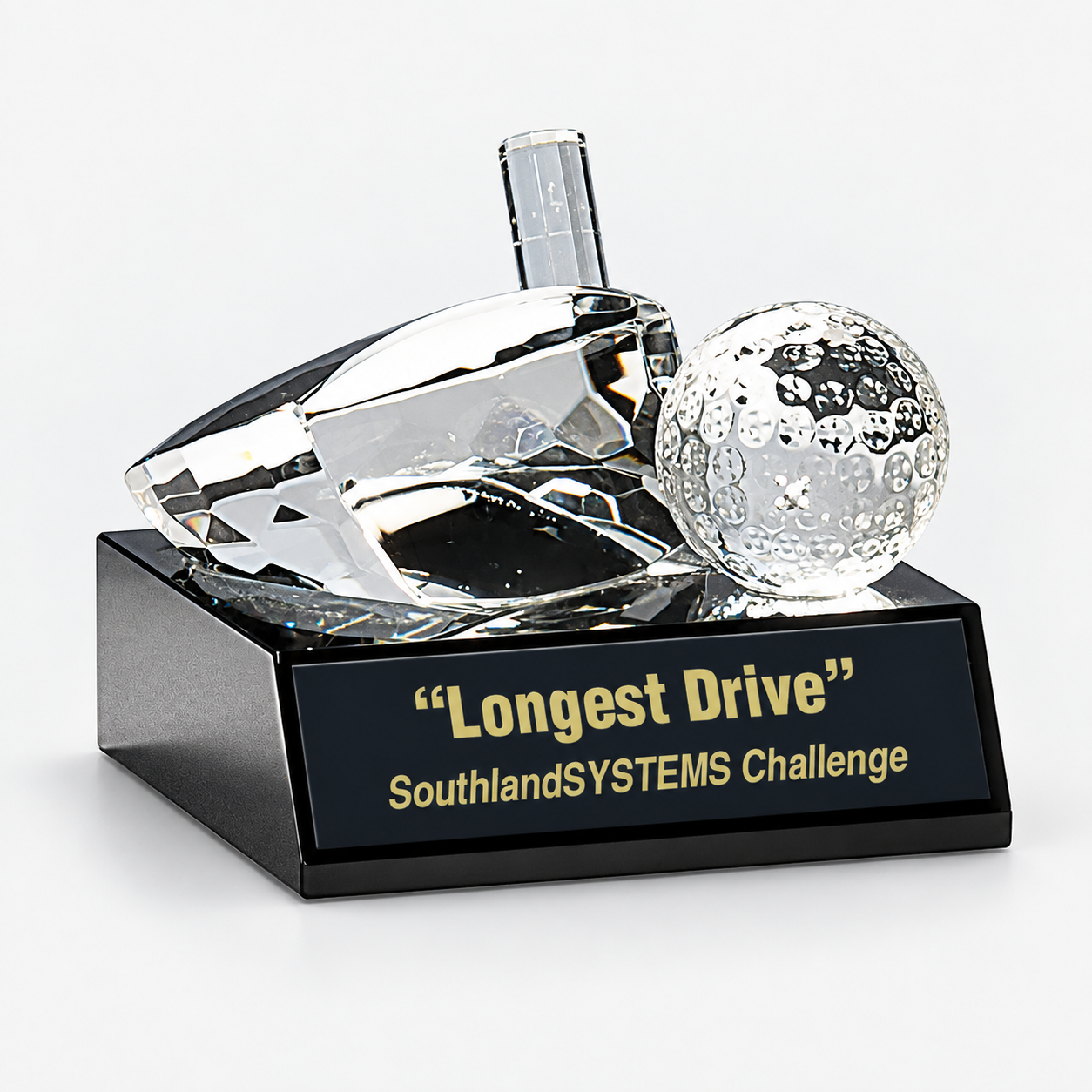 Clear Crystal Golf Ball and Club Award on Black Base