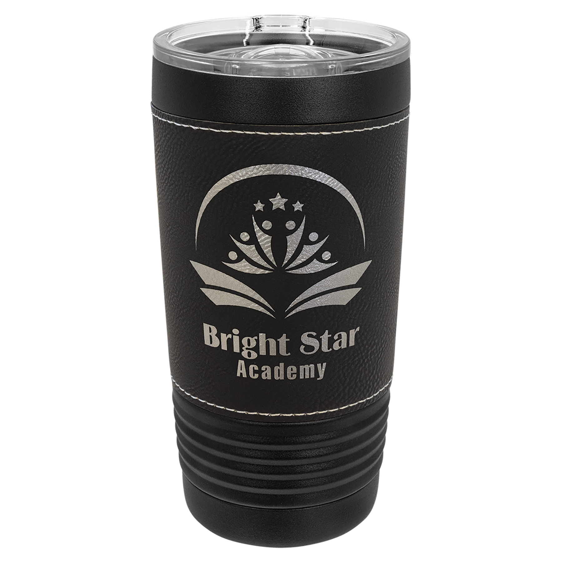 20 oz. Laserable Leatherette Black Tumbler with Clear Lid